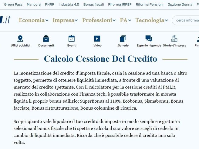 Imprese: PMI.it e Finanza.tech lanciano servizio online di calcolo cessione crediti